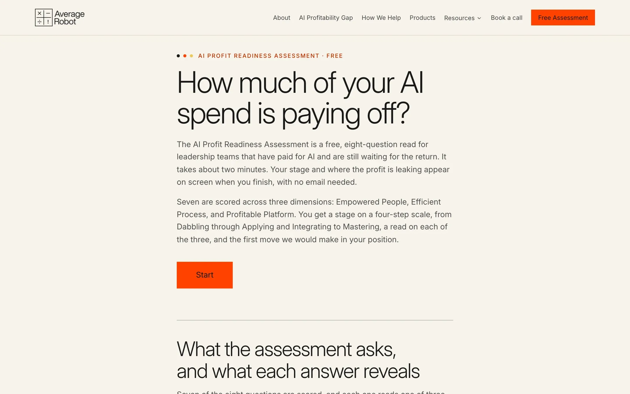 The lead-magnet landing page on desktop, asking how much of your AI spend is paying off