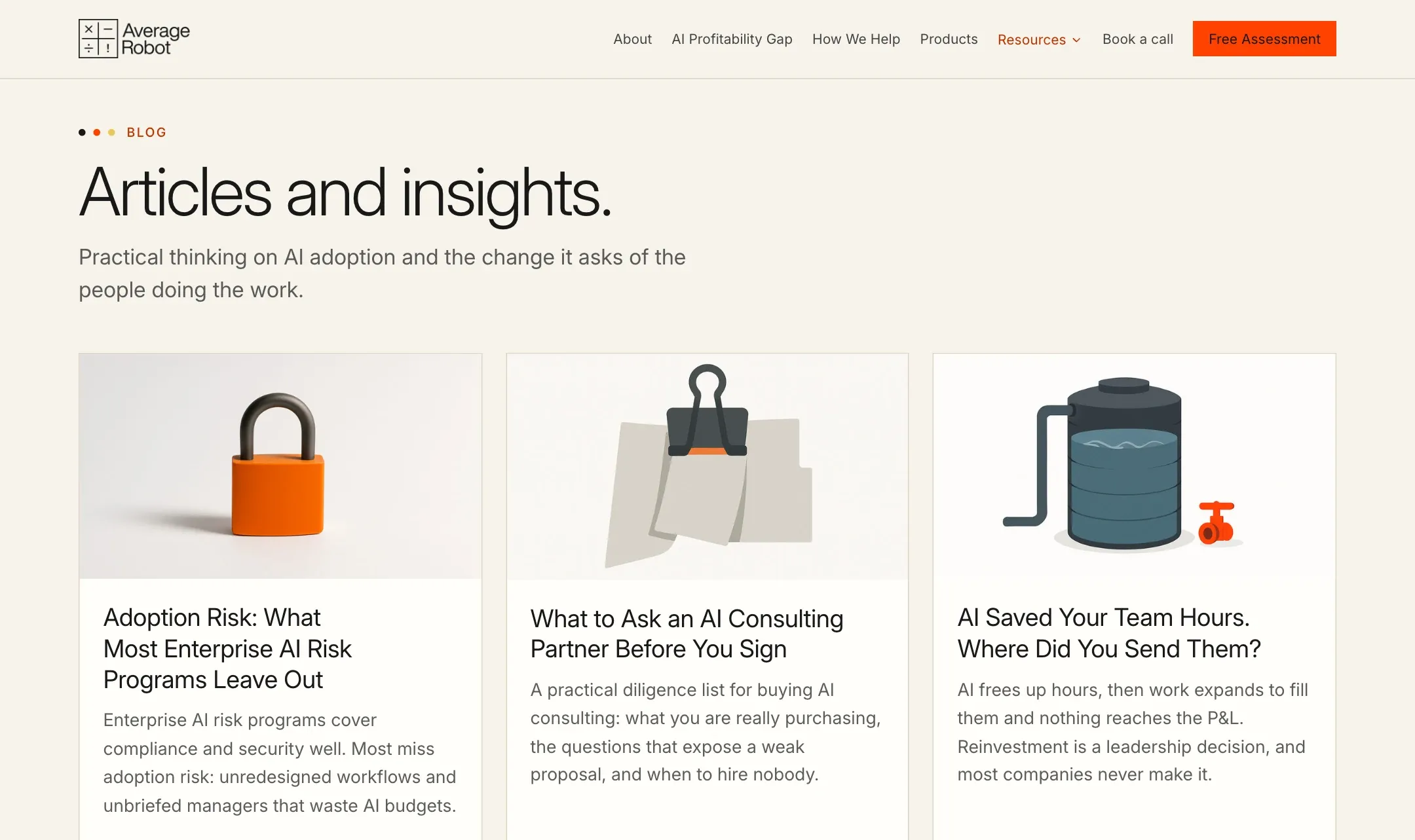 The blog index, Articles and insights, with three article cards illustrated with single objects
