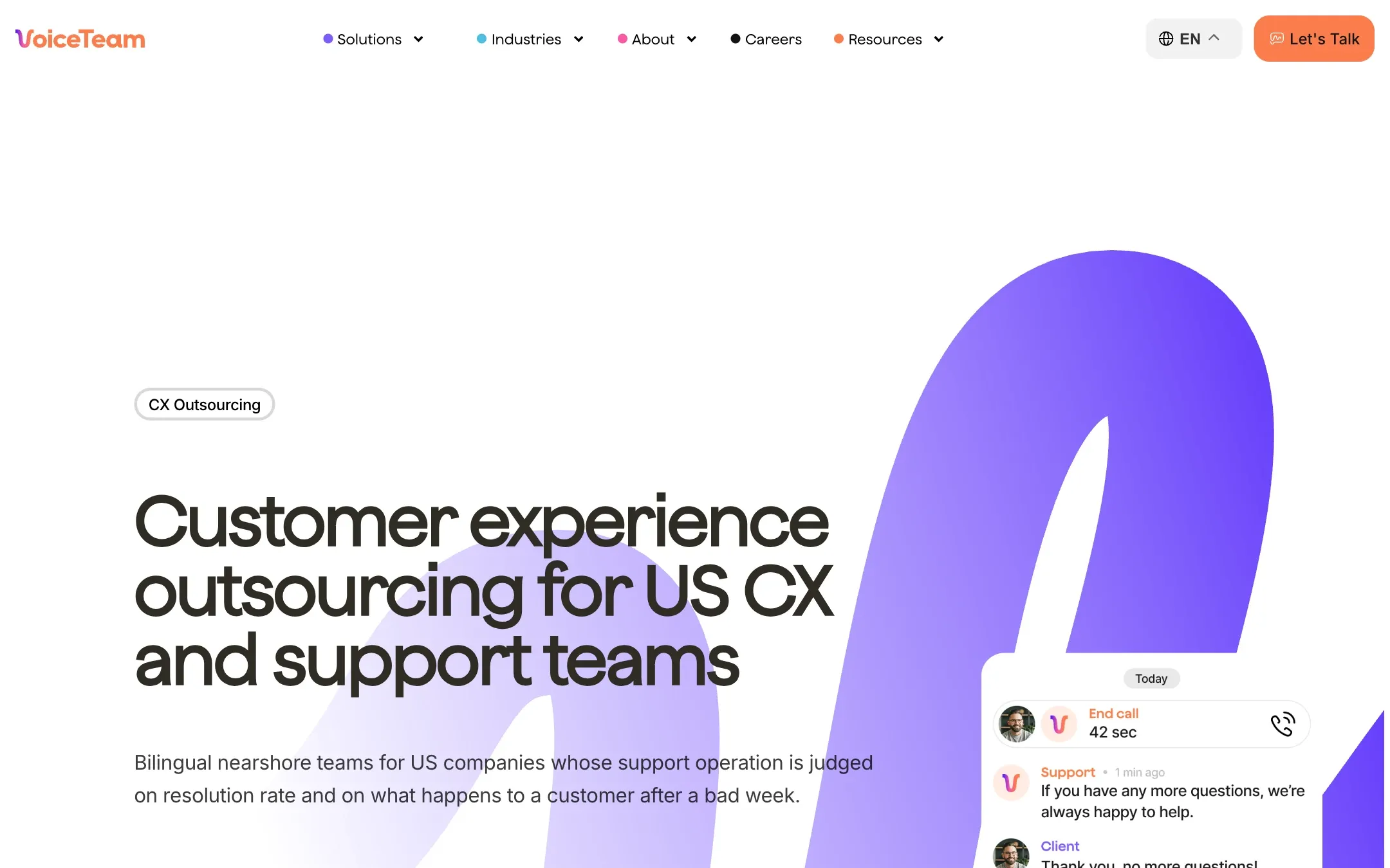 VoiceTeam's CX outsourcing page on desktop