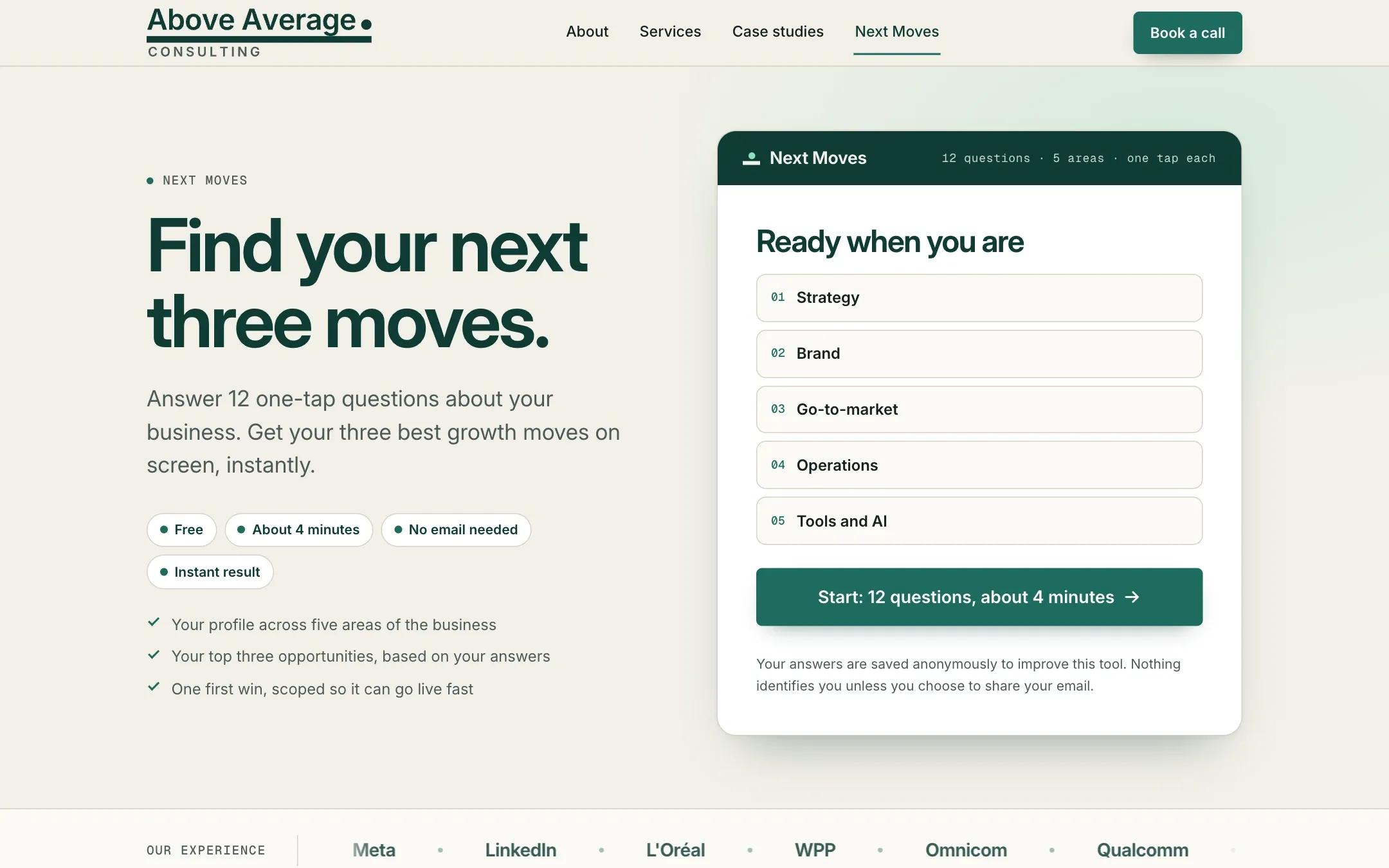The Next Moves page: the headline Find your next three moves beside the tool panel with its start button