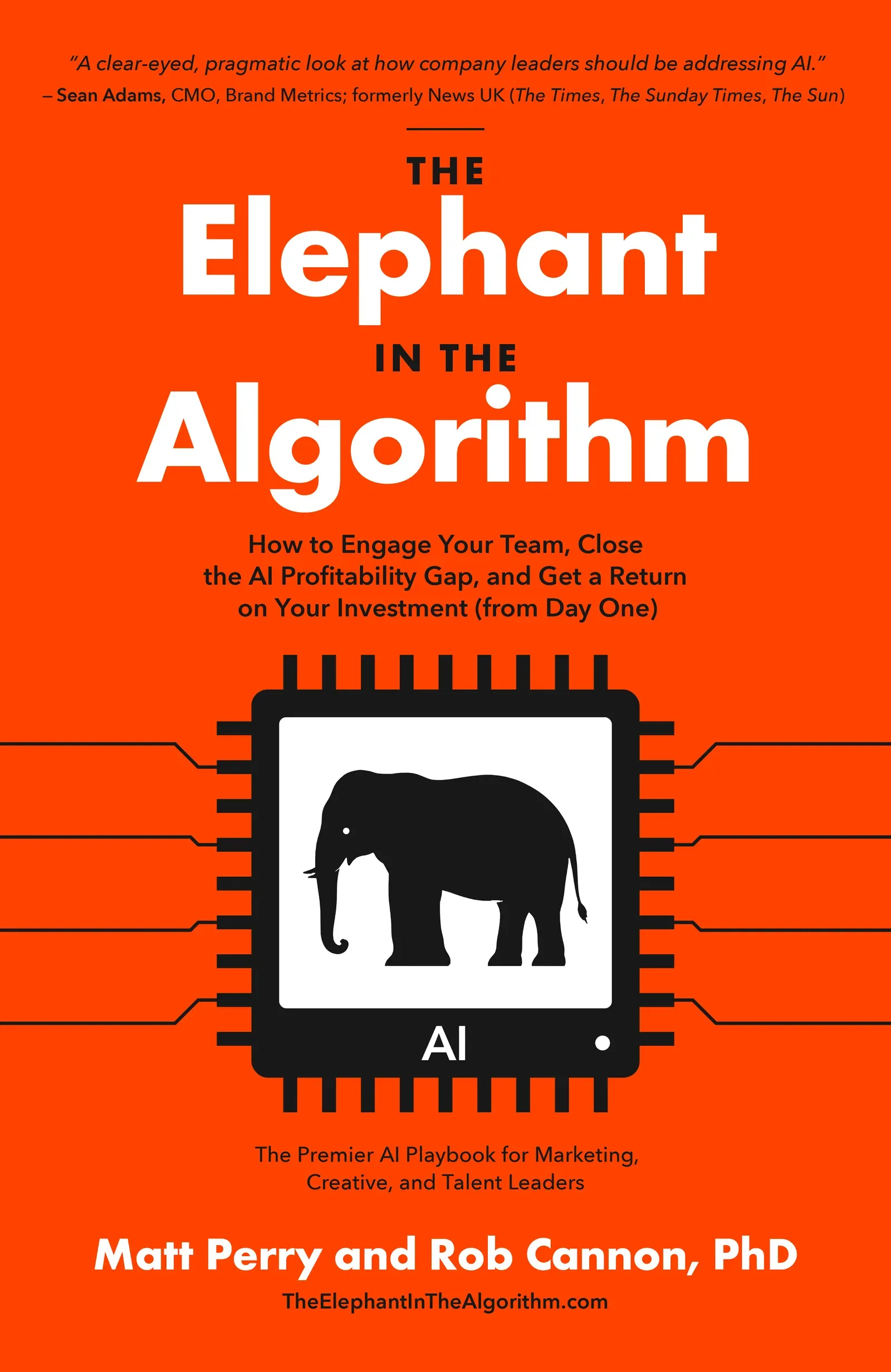 Orange book cover for The Elephant in the Algorithm by Matt Perry and Rob Cannon PhD: a large white title above a black microchip with an elephant in its window, and a one-line endorsement at the top
