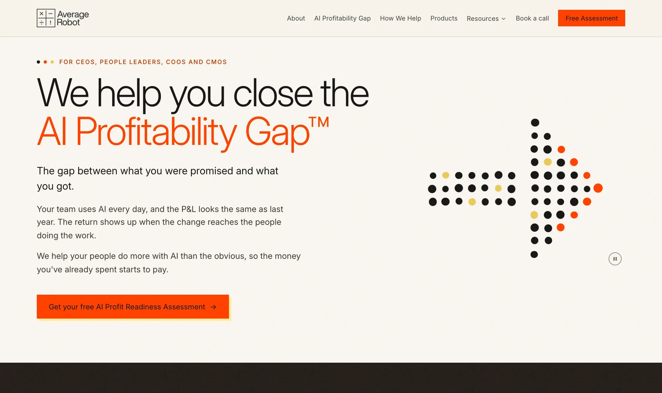 Home page of the AI consultancy's website: a large headline beside a dot-matrix arrow
