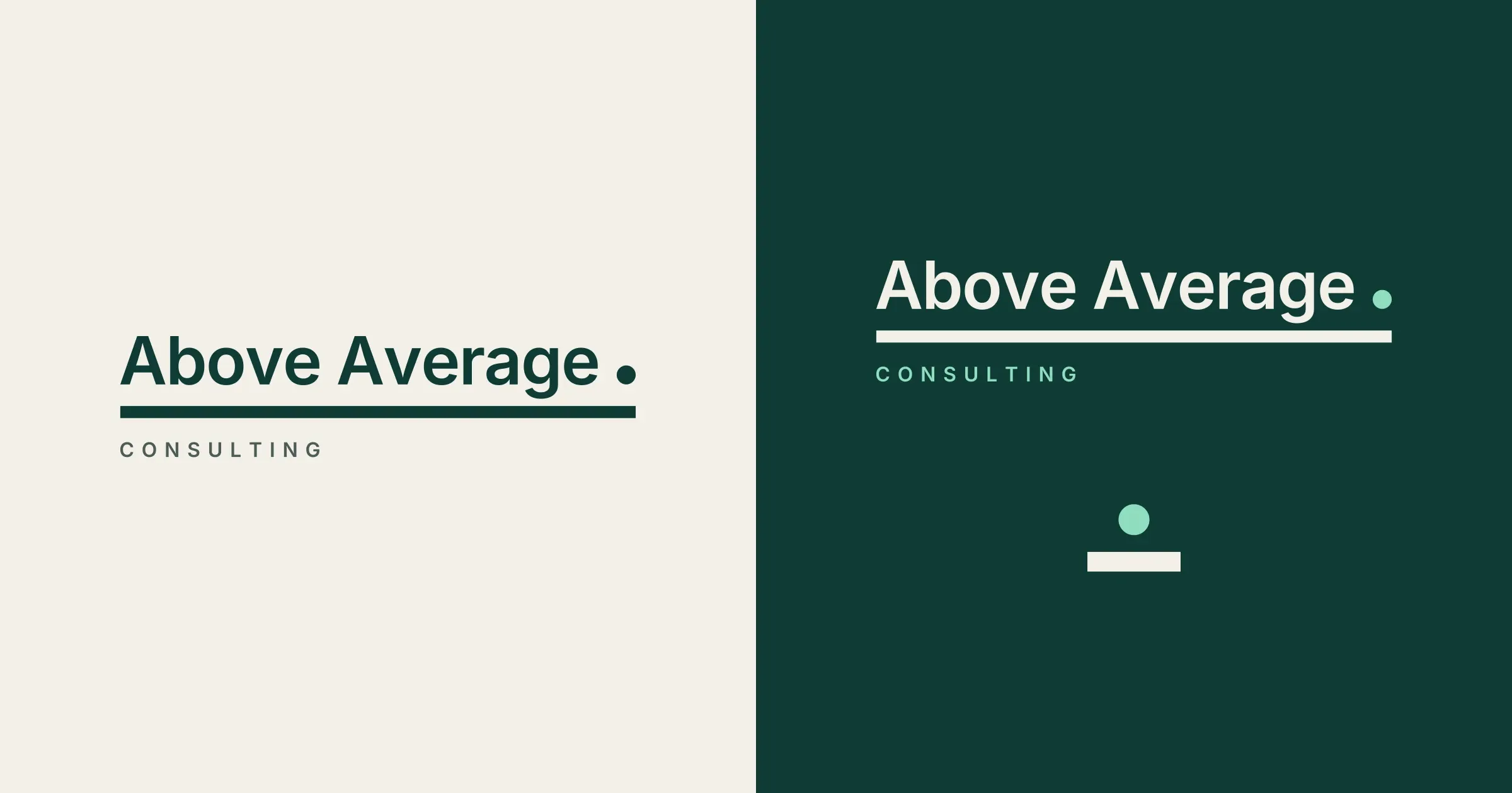 The Above Average Consulting lockup: the name above a rule with a dot at its end and CONSULTING beneath, on bone and reversed on spruce, with the dot-over-bar mark