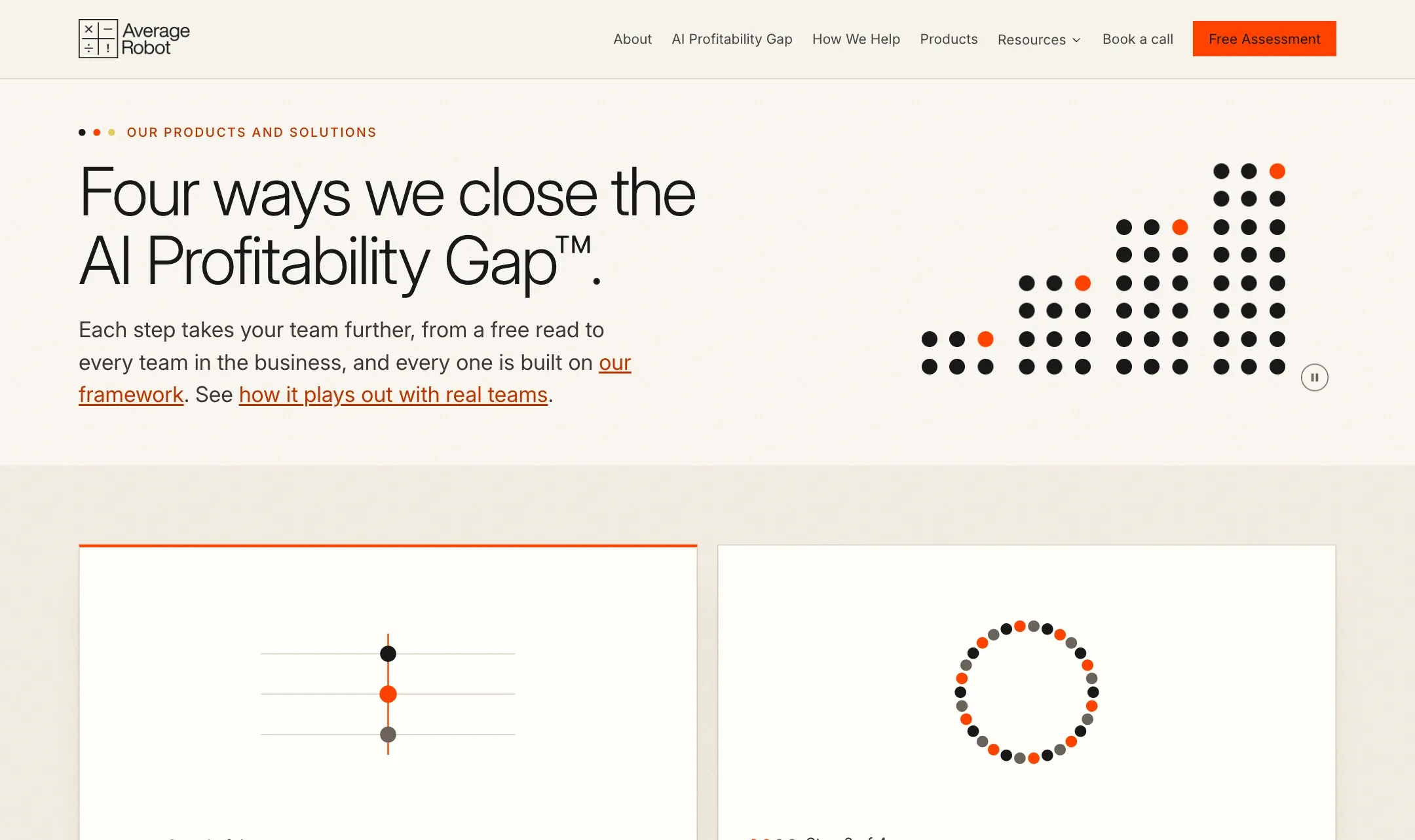 The products page, with a rising dot-matrix graphic